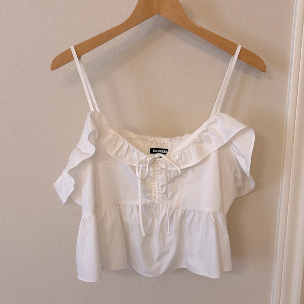 Express White Cami Cropped Babydoll Top Ruffle Detail Sleeveless Size XL NWT